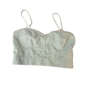 AMERICAN EAGLE Sweetheart Crop Light Denim Chambray  Neon Pink Trim Ruched Large